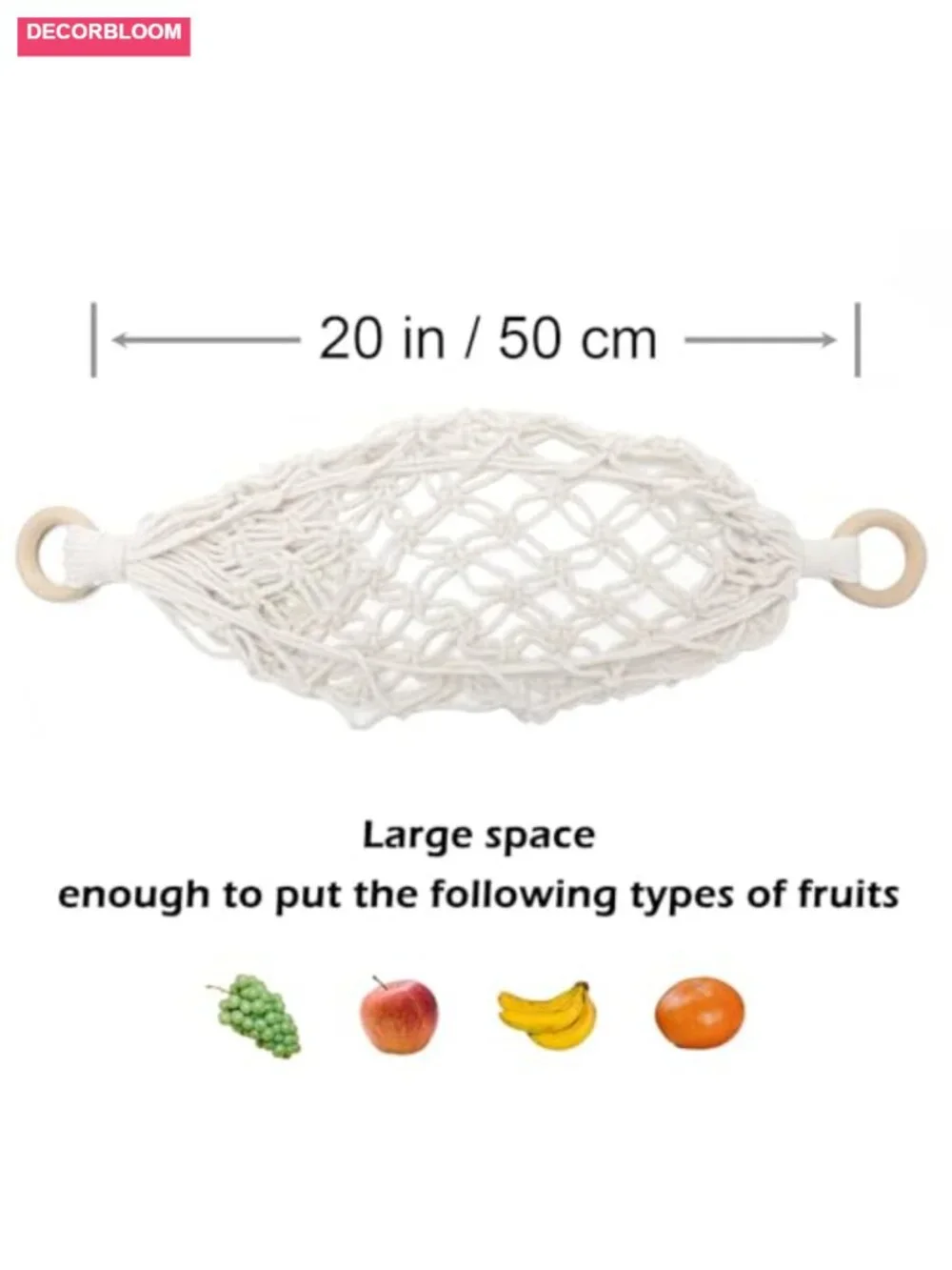 Hand-Woven Cotton Hanging Fruit Hammock with Hooks, Kitchen Storage Basket